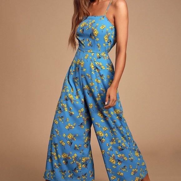 Lulus Bryony Blue Yellow Floral Print Wide-Leg Flare & Flare Jumpsuit - Picture 3 of 7